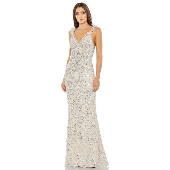 Mac Duggal 5674 Nude Silver Ruffled V-neckline Sequined Sheath Dress 0 NWT - Picture 1 of 8